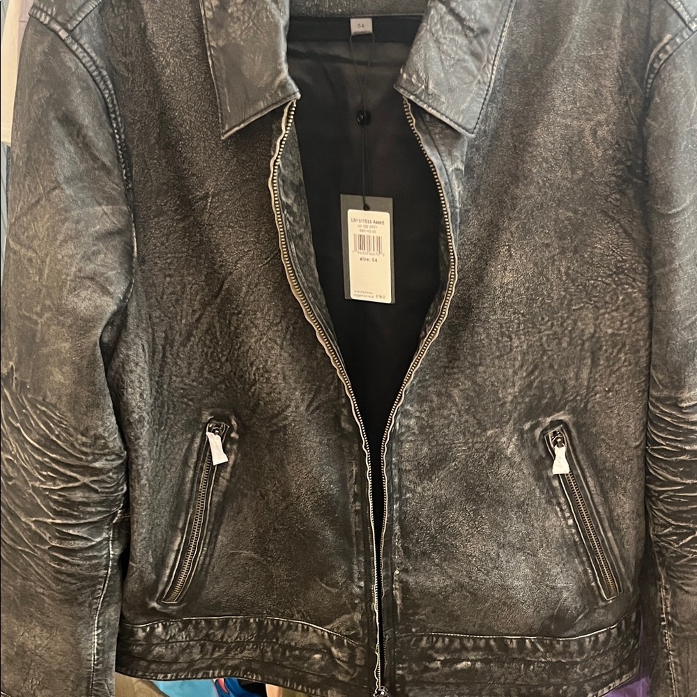 John Varvatos Distressed Gray Leather Asher Jacket - Picture 5 of 10